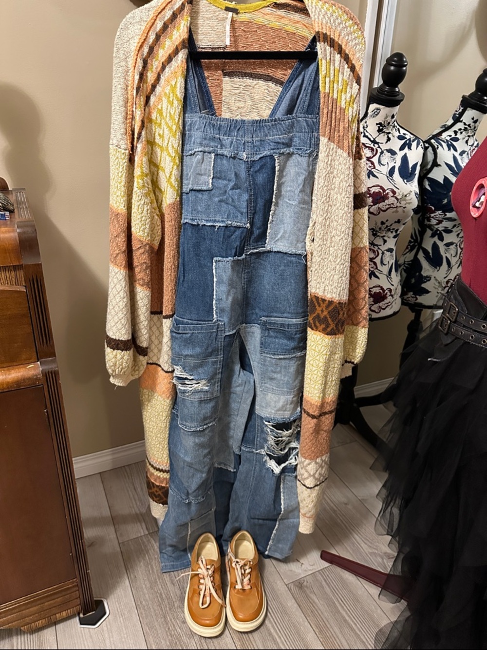 Free People.  Open-Front Patchwork knit Cardigan Sweater in Cream, Tan & Mustard